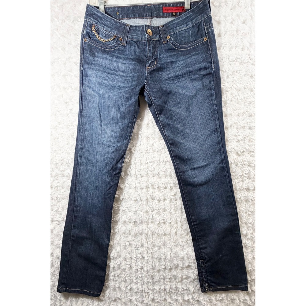 Vigoss Skinny Jeans‎ Dark Wash Gold Chain Pocket Detail Zip Ankle Womens 7/8 29